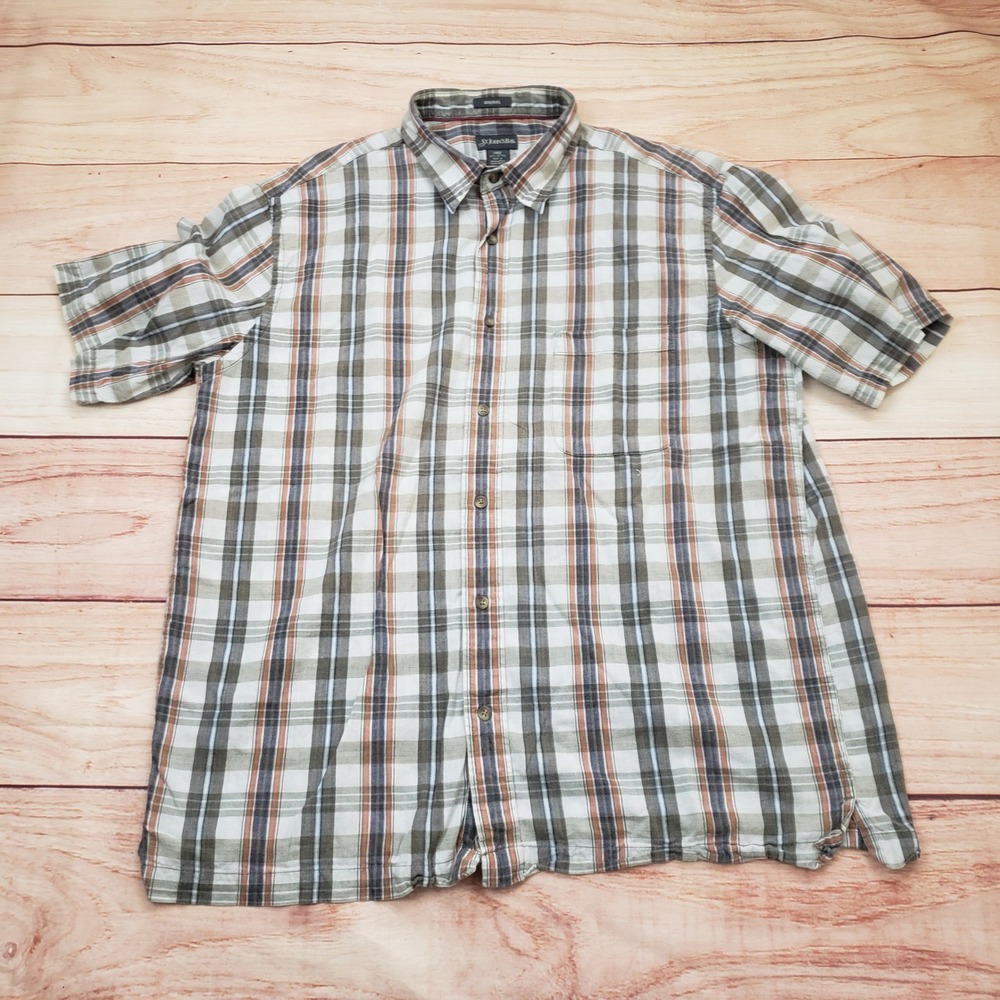 St Johns Bay Shirt Mens Large Brown Orange Madras Plaid Short Sleeve Button Down
